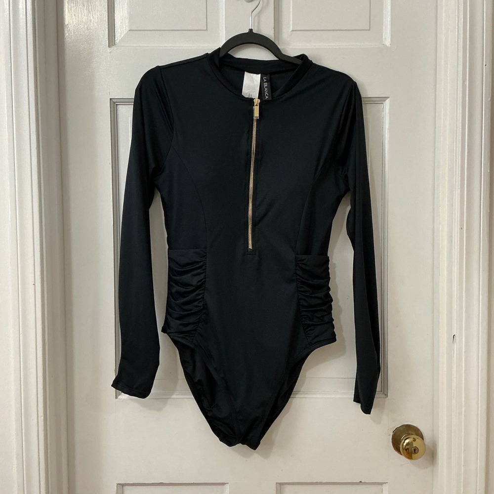 La Blanca Paddlesuit Front Zip Swimsuit Rashguard L Shirred Modest Sporty
